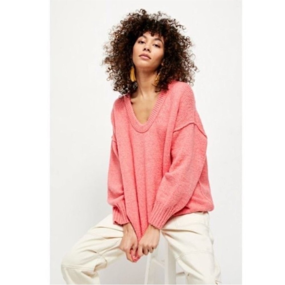 Free People Brookside Slouchy Chunky Knit Pullover Oversized Sweater Pink XS